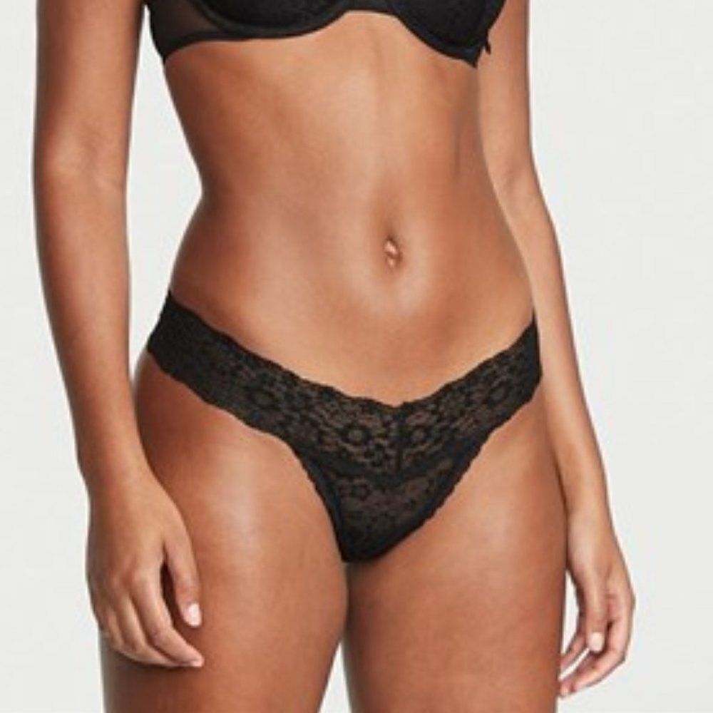 Victoria's Secret Women's Black The Lacie Posey Lace Thong Size Large